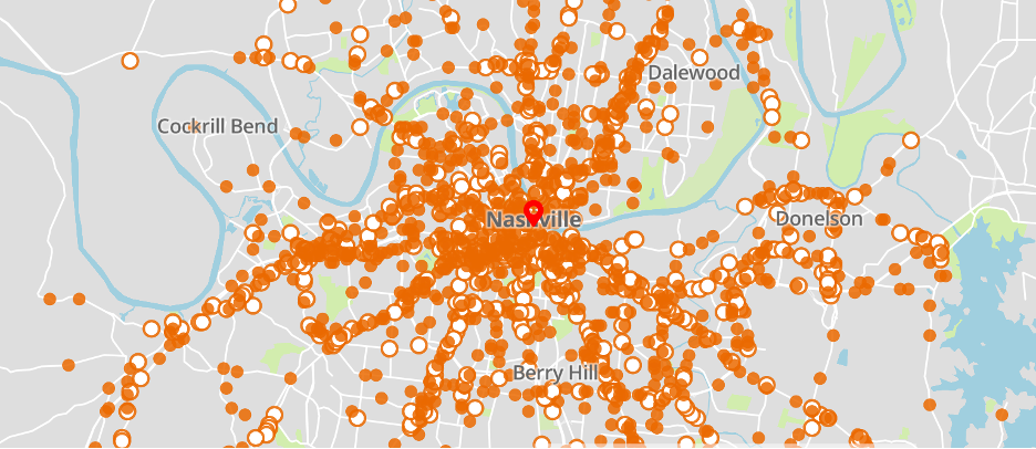 T-bone and broadside angle collision locations in Nashville, TN